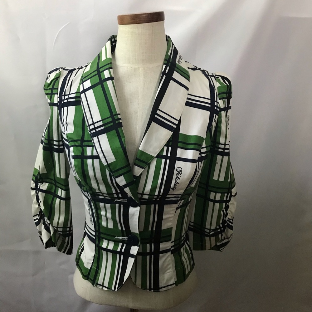 Fabulosity Blazer Plaid Green Navy 3/4 Sleeve